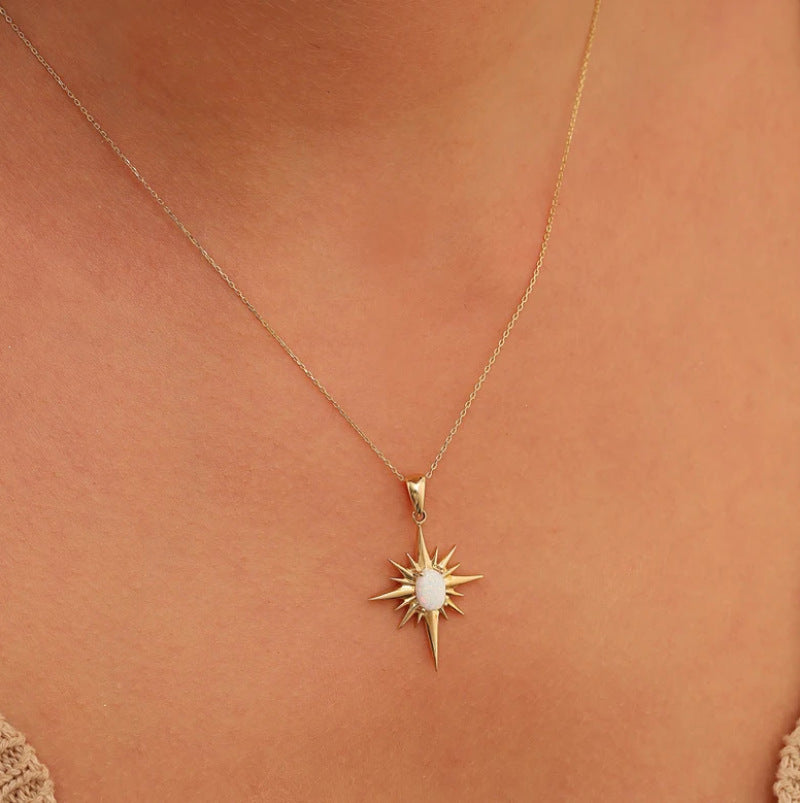 Collier En Acier Inoxydable, Pendentif Etoile Avec Gemme Naturelle