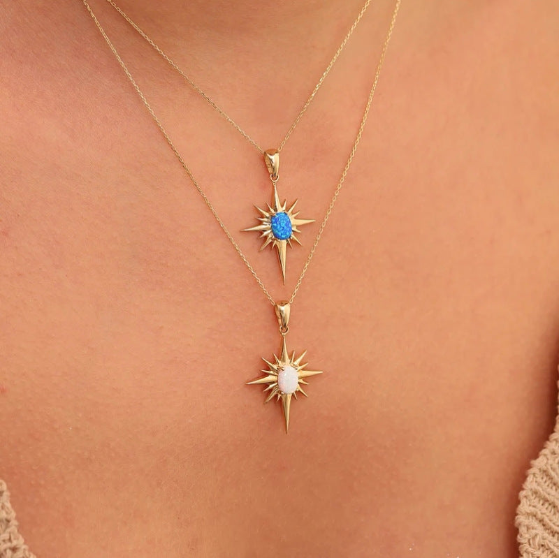 Collier En Acier Inoxydable, Pendentif Etoile Avec Gemme Naturelle