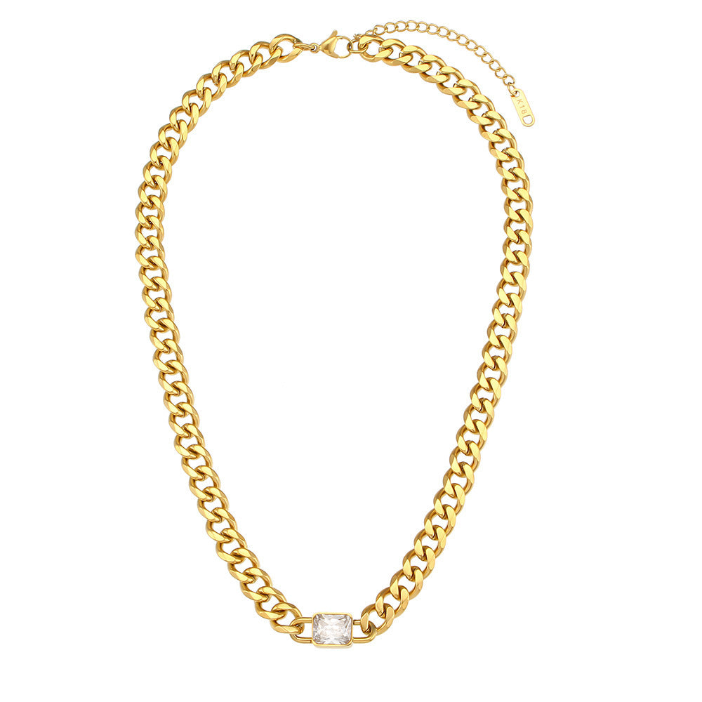 Collier Vintage en Acier Inoxydable avec Pendentif Carré en Zircon
