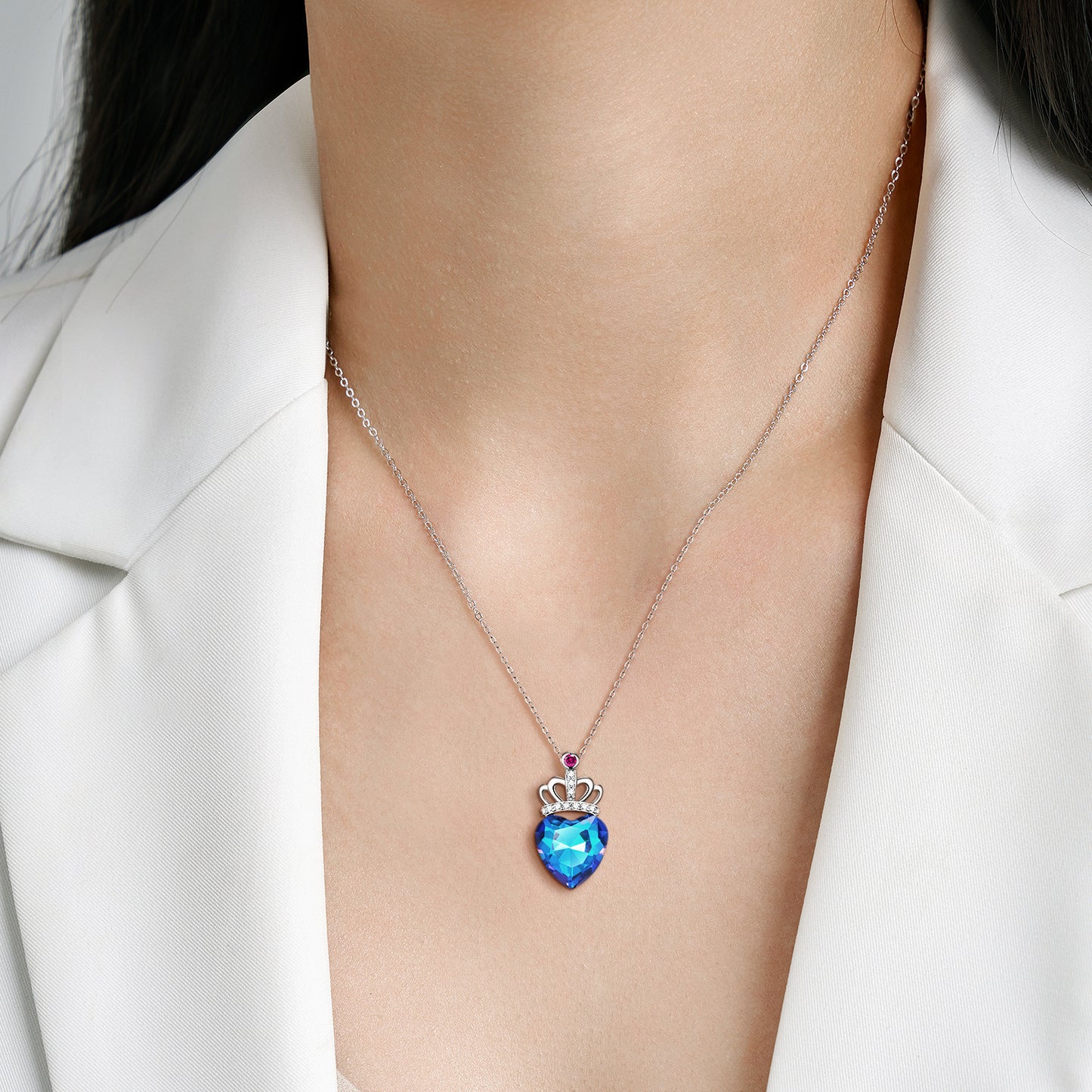Collier en Argent Couronne Cœur Pêche Bleue