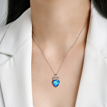 Collier en Argent Couronne Cœur Pêche Bleue