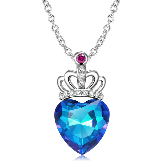 Collier en Argent Couronne Cœur Pêche Bleue